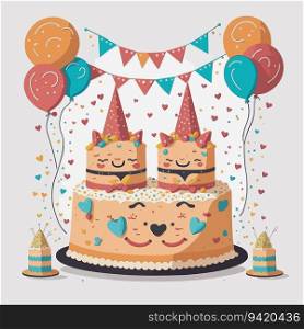Joyful Anniversary Celebration  Cute Cake and Smiling Characters in Delightful Clipart Illustration
