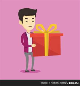 Joyful asian man holding a box with gift in hands. Happy man holding gift box. Young man standing with gift box. Guy buying a present. Vector flat design illustration. Square layout.. Joyful asian man holding box with gift.
