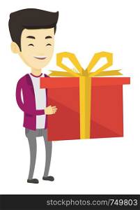Joyful asian man holding a box with gift in hands. Happy man holding gift box. Young man standing with gift box. Guy buying a present. Vector flat design illustration isolated on white background.. Joyful asian man holding box with gift.