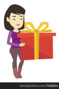 Joyful asian woman holding box with gift in hands. Happy woman holding gift box. Young woman standing with gift box. Girl buying a present. Vector flat design illustration isolated on white background. Joyful asian woman holding box with gift.