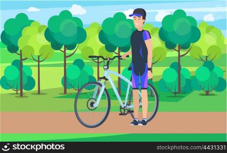 Joyful Athlete on Track with Bicycle Illustration. Joyful athlete wearing cap on countryside track with light blue bicycle in front of lush trees and bushes cartoon vector illustration