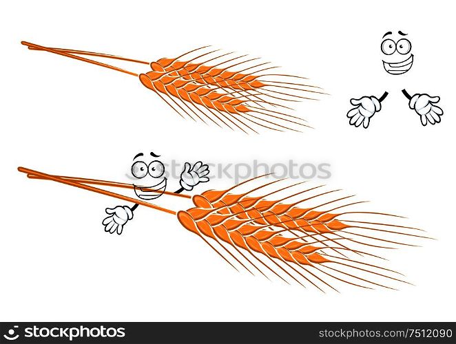 Joyful awned ears of wheat cartoon character with ripe golden grains and long awns for bakery or agriculture theme design. Awned ears of wheat cartoon character