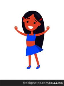 Joyful brunette girl with long hair wearing light blue t-shirt and skirt raised hands up isolated vector illustration on white background. Brunette Girl with Long Hair in T-shirt and Skirt