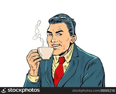Joyful businessman drinking morning coffee. Hot drink. Cappuccino cocoa tea. Pop Art Retro Vector Illustration 50s 60s Style Kitsch Vintage Drawing. Joyful businessman drinking morning coffee. Hot drink. Cappuccino cocoa tea