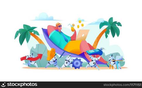 Joyful businessman lies on beach with laptop. team robots manage business processes. Smart orders payment delivery goods. metaphor AI in business concept work automation marketing. Vector illustration
