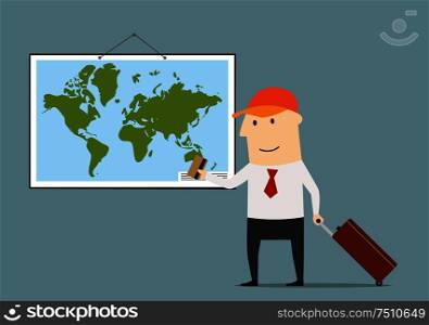 Joyful businessman tourist with suitcase in red cap planning a voyage with credit card. Cartoon flat style. Businessman with credit card planning a voyage