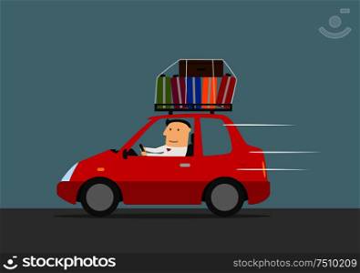 Joyful businessman traveling by car with suitcases on the roof. Use as travel, vacation and car trip design. Happy businessman traveling by car