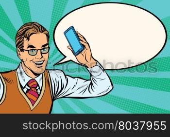 Joyful businessman with smartphone close-up pop art retro vector. Joyful businessman with smartphone close-up