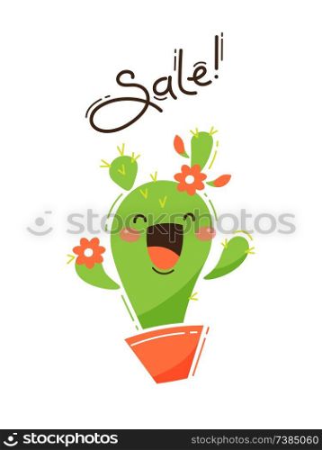 Joyful cactus reports a sale. Vector illustration in cartoon style.. Joyful cactus reports a sale. Vector illustration in cartoon style