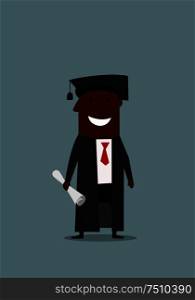Joyful cartoon african american businessman in graduation gown and cap with diploma in hand, for education or career design