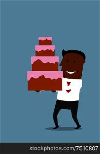 Joyful cartoon african american businessman with happy smile carrying the tall cream cake with white icing and pink glaze. Celebration of success or holiday concept. Joyful cartoon businessman with cream cake
