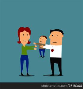Joyful cartoon young family with toddler son. Smiling little boy in the father hands reaching out for mother. Maybe use as happy family, childhood, parenting, leisure theme design. Happy young mother and father with toddler son