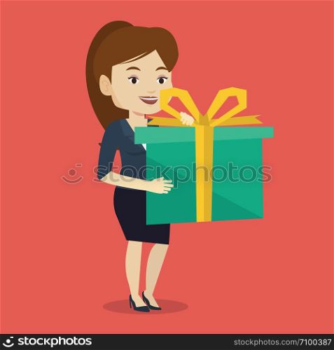 Joyful caucasian woman holding a box with gift in hands. Happy woman holding gift box. Young woman standing with gift box. Girl buying a present. Vector flat design illustration. Square layout.. Joyful caucasian woman holding box with gift.