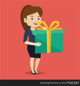 Joyful caucasian woman holding a box with gift in hands. Happy woman holding gift box. Young woman standing with gift box. Girl buying a present. Vector flat design illustration. Square layout.. Joyful caucasian woman holding box with gift.