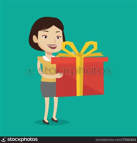 Joyful caucasian woman holding a box with gifts in hands. Happy woman holding gift box. Young woman standing with gift box. Woman buying a present. Vector flat design illustration. Square layout.. Joyful caucasian woman holding box with gift.
