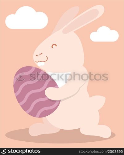 Joyful cheerful bunny, hare is holding festive Easter egg. Symbol of Easter holiday and year 2023 in Chinese calendar. Childrens vector illustration