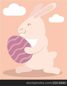 Joyful cheerful bunny, hare is holding festive Easter egg. Symbol of Easter holiday and year 2023 in Chinese calendar. Childrens vector illustration