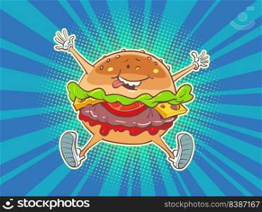Joyful cheerful burger, fast food character. street restaurant. comic cartoon kitsch vintage style hand drawing illustration. Joyful cheerful burger, fast food character. street restaurant