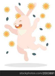 Joyful cheerful rabbit, hare jumps and dances under flying spring flowers. Symbol of Easter holiday and year 2023 in Chinese calendar. Childrens vector illustration