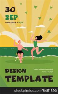 Joyful couple enjoying summer leisure time at sea. Seaside, water, nature, landscape flat vector illustration. Vacation, holiday, fun concept for banner, website design or landing web page