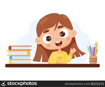 Joyful cute girl schoolgirl sits at table with textbooks and pencils. Lesson, learning process. Vector illustration in cartoon style. Female student character for design of school, educational themes