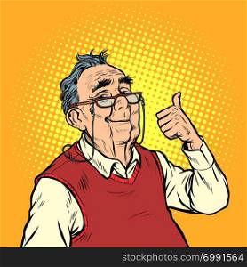 joyful elderly man with glasses thumb up like. Pop art retro vector illustration vintage kitsch. joyful elderly man with glasses thumb up like