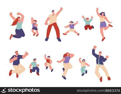 Joyful family. Happy jump person, people celebration. Active excited children and adults. Young fun festival man woman, party kicky vector isolated characters. Illustration of people family happiness. Joyful family. Happy jump person, people celebration. Active excited children and adults. Young fun festival man woman, party kicky vector isolated characters