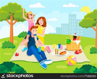 Joyful family on a picnic. Rest with food in nature, park.. Joyful family on a picnic. Rest with food in park.