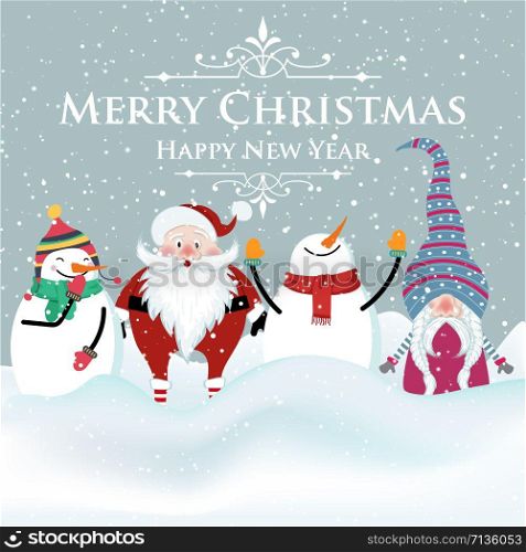Joyful flat design Christmas card with snowman , Santa and gnome. Christmas poster. Print. Vector