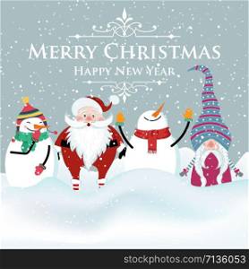 Joyful flat design Christmas card with snowman , Santa and gnome. Christmas poster. Print. Vector