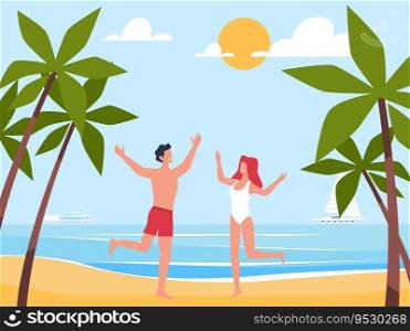 Joyful guy and girl in swimsuit jumping on beach enjoying summer vacation. Sea landscape with palm trees. Tropical resort. Happy couple on seaside. Vector cartoon flat style isolated travel concept. Joyful guy and girl in swimsuit jumping on beach enjoying summer vacation. Sea landscape with palm trees. Tropical resort. Happy couple on seaside. Vector cartoon flat travel concept