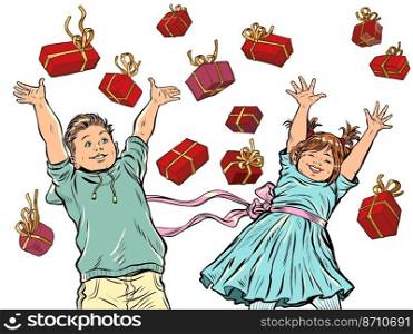 Joyful happy girl and boy. Red gift boxes. Birthday or christmas background. Pop art retro vector illustration kitsch vintage 50s 60s style. Joyful happy girl and boy. Red gift boxes. Birthday or christmas background
