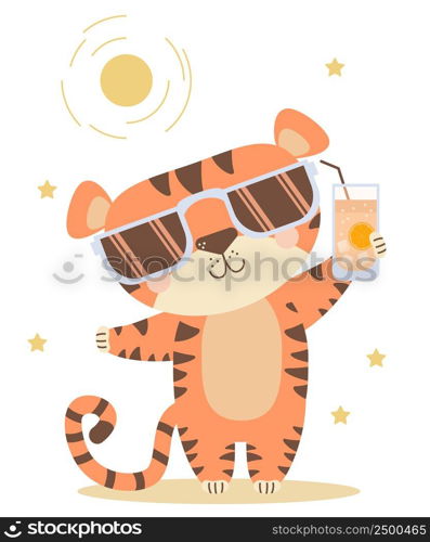 Joyful, happy, satisfied tiger with a Sunglasses and glass of cocktail while relaxing under the sun. Vector illustration. concept - Cute striped animal - character for design, print, decor and cards 