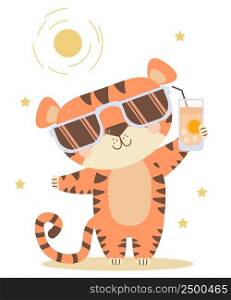 Joyful, happy, satisfied tiger with a Sunglasses and glass of cocktail while relaxing under the sun. Vector illustration. concept - Cute striped animal - character for design, print, decor and cards 