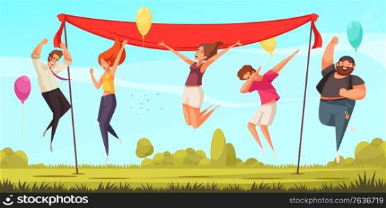 Joyful jumping people background with celebration symbols flat vector illustration