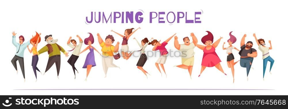 Joyful jumping people set with happiness symbols flat isolated vector illustration