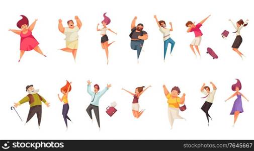 Joyful jumping people set with success symbols flat isolated vector illustration