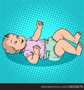 Joyful kid in the diaper. Childhood and motherhood. Pop art retro style. Joyful kid in the diaper