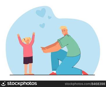 Joyful little daughter running to dad for family hug. Happy girl meeting man with love flat vector illustration. Family, Fathers day, childhood concept for banner, website design or landing web page. Joyful little daughter running to dad for family hug