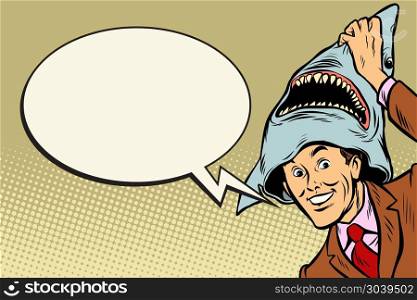 Joyful man, carnival shark costume. Joyful man, carnival shark costume. Comic cartoon pop art retro vector illustration drawing. Joyful man, carnival shark costume