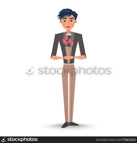 Joyful man in black jacket with bow-tie holding bouquet of red tulips for women s day vector illustration. Handsome male with presents for girls. Joyful Man in Jacket with Bow-tie Holding Bouquet