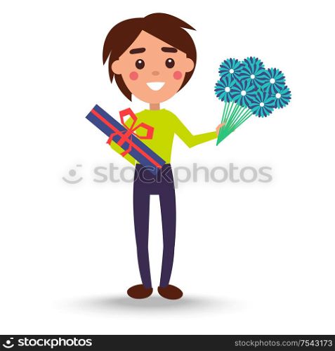 Joyful man in green sweater and trousers holding bouquet of blue flowers and present box with chocolate candies for women s day vector illustration. Joyful Man Holding Bouquet of Flowers and Candies
