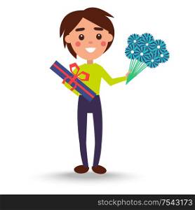 Joyful man in green sweater and trousers holding bouquet of blue flowers and present box with chocolate candies for women s day vector illustration. Joyful Man Holding Bouquet of Flowers and Candies