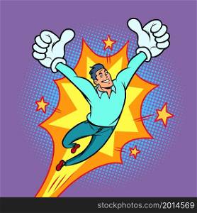 joyful man like gesture, emotional pose flight. Comic cartoon hand drawing retro vintage. joyful man like gesture, emotional pose flight