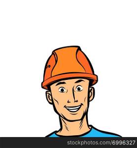 joyful man professional in a helmet. Comic cartoon pop art retro vector illustration drawing. joyful man professional in a helmet