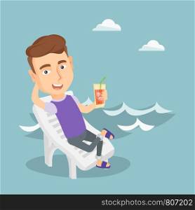 Joyful man sitting on a chaise longue on the beach. Happy man drinking a cocktail on the beach. Excited caucasian man resting with cocktail on the beach. Vector flat design illustration. Square layout. Man relaxing on beach chair vector illustration.