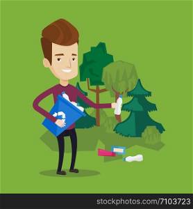 Joyful man with recycling bin in hand picking up used plastic bottles in park. Man collecting garbage in forest. Concept of environmental pollution. Vector flat design illustration. Square layout.. Man collecting garbage in forest.