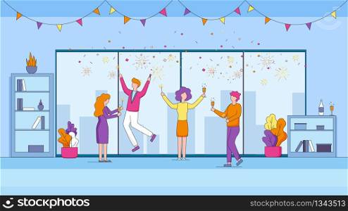 Joyful Managers or Colleagues Celebrating Holiday Together. Happy Business Men and Women Having Fun with Sparklers Drinking Champagne at Office Corporate Party. Linear Cartoon Flat Vector Illustration. Joyful Managers Celebrating Holiday in Office.