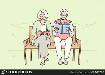 Joyful mature couple sit on bench in pack reading books. Smiling old man and woman relax outside enjoy literature. Happy maturity and hobby. Vector illustration.. Mature couple on bench reading books
