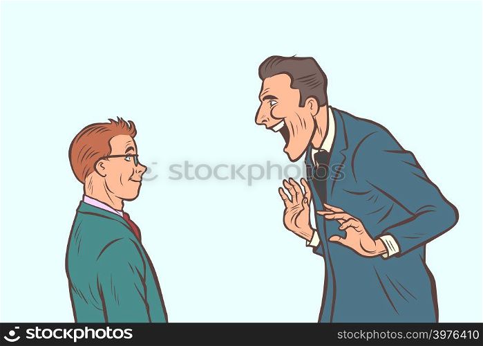 Joyful meeting boss and businessman. Comic cartoon pop art retro vector illustration drawing. Joyful meeting boss and businessman
